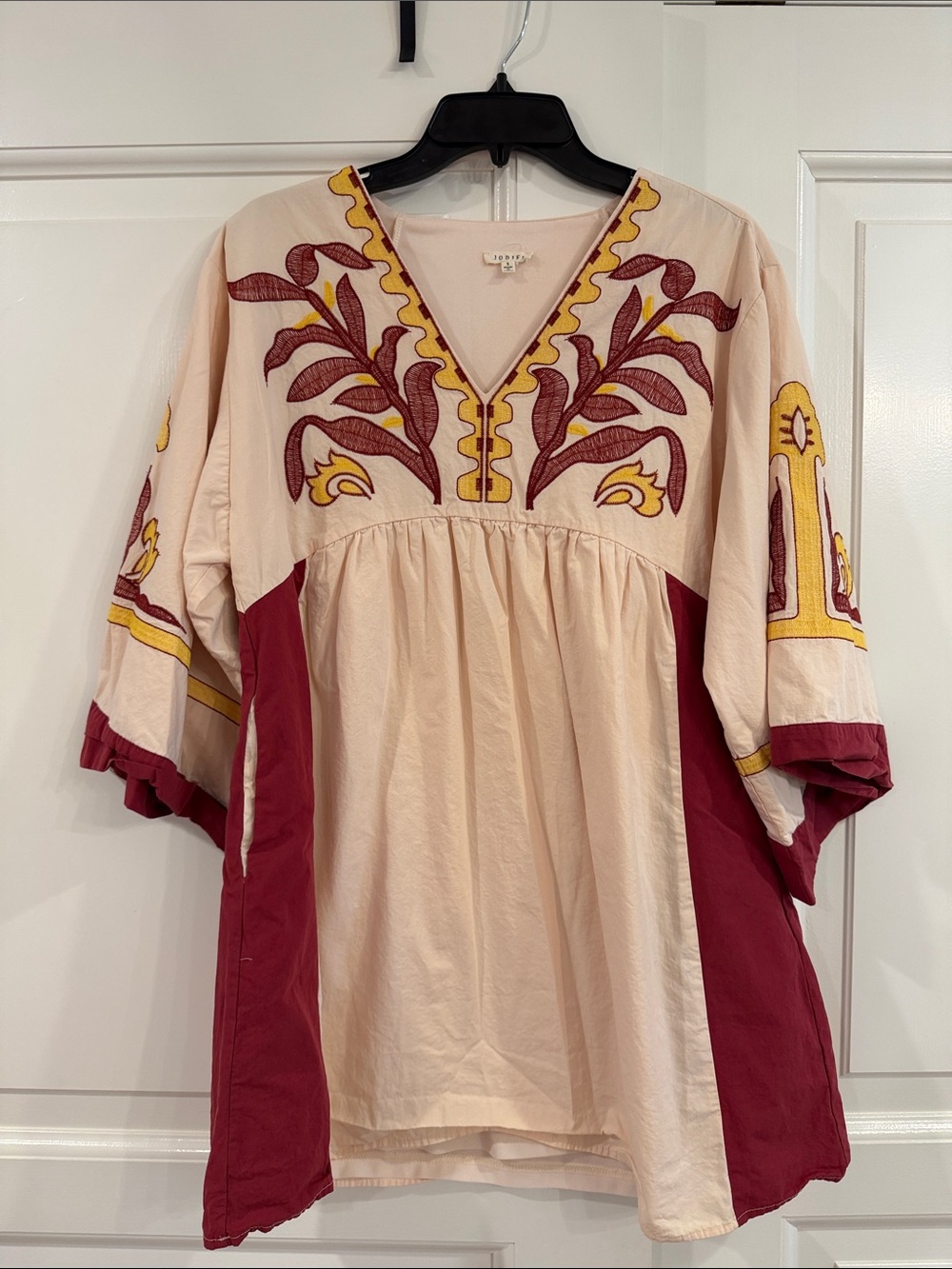 JODIFL Embroidered V-Neck Long Sleeve Dress - Cream, Burgundy & Yellow
